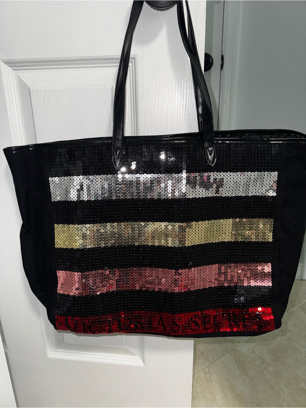 Sequin Stripe Tote Bag - Black with Silver, Gold, Pink & Red Accents